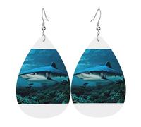 Boucles d'oreilles en cuir imprimé requin bleu en forme de goutte d'eau, accessoire tendance pour fêtes de fin d'année