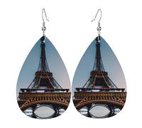 Boucles d'oreilles en cuir imprimé Tour Eiffel Paris en forme de goutte d'eau, accessoire tendance pour fêtes de fin d'année