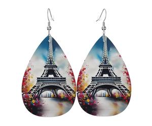 Boucles d'oreilles en cuir imprimé Tour Eiffel Paris en forme de goutte d'eau, accessoire tendance pour fêtes de fin d'année