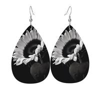 Boucles d'oreilles en cuir imprimé tournesol noir gris pour femme - Boucles d'oreilles pendantes en forme de larme, parfaites pour les fêtes et accessoires de costume, taille unique, cuir, sans pierre
