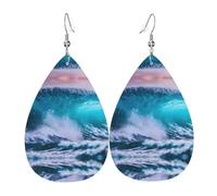Boucles d'oreilles en cuir imprimé vague de l'océan bleu en forme de goutte d'eau - Accessoire tendance pour fêtes de fin d'année
