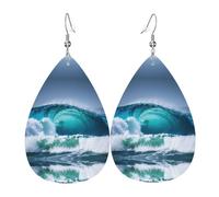 Boucles d'oreilles en cuir imprimé vague de l'océan en forme de goutte d'eau, accessoire tendance pour fête de vacances
