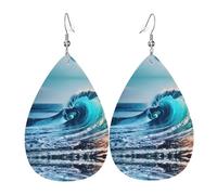 Boucles d'oreilles en cuir imprimé vague de mer océan en forme de goutte d'eau, accessoire tendance pour fêtes de fin d'année