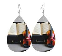 Boucles d'oreilles en cuir imprimé violon et livre en forme de goutte d'eau - Accessoire tendance pour fêtes de fin d'année