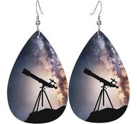 Boucles d'oreilles en cuir léger pour femmes Boucles d'oreilles pendantes double face pour accessoires cadeaux (galaxie spatiale avec télescope), blanc