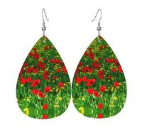 Boucles d'oreilles en cuir motif coquelicot rouge - Paysage de la ferme - Pour femme, taille unique, Cuir