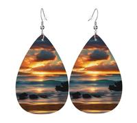 Boucles d'oreilles en cuir motif gouttes d'eau imprimées sur la plage Maui Hawaï, coucher de soleil, vagues de mer, nuages, accessoire tendance pour fêtes de fin d'année