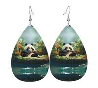Boucles d'oreilles en cuir motif panda dans la piscine | Boucles d'oreilles imprimées en forme de goutte d'eau, adaptées pour le quotidien, les fêtes, les rendez-vous galants