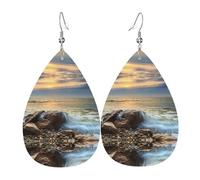 Boucles d'oreilles en cuir motif vague rocheuse coucher de soleil pour femme - Boucles d'oreilles percées en cuir - Cadeau d'anniversaire de Noël pour femme