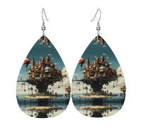 Boucles d'oreilles en cuir motif villes en lévitation | Boucles d'oreilles imprimées en forme de goutte d'eau, adaptées pour le quotidien, les fêtes, les rendez-vous galants