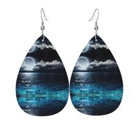 Boucles d'oreilles en cuir pleine lune et nuages brumeux avec turquoise en forme de larme pour femme avec pendentif imprimé avec crochet tendance vintage fête au quotidien, taille unique, Cuir