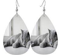 Boucles d'oreilles en cuir pour femme Blue Viper Cute British Shorthair Cat Dangle Drop Boucles d'oreilles pour filles