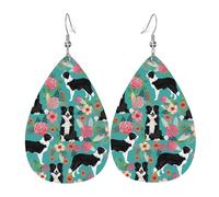 Boucles d'oreilles en cuir pour femme Border Collie - Légères en forme de goutte - Motif géométrique vintage - Boucles d'oreilles pendantes rondes - Boucles d'oreilles amusantes pour fête