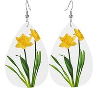 Boucles d'oreilles en cuir pour femme Jonquille Botanique Narcisse Feuille Dangle Drop Boucle d'oreille pour les filles