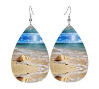 Boucles d'oreilles en cuir pour femme - Motif vague de mer et coquillages - Boucles d'oreilles percées en cuir - Cadeau d'anniversaire de Noël