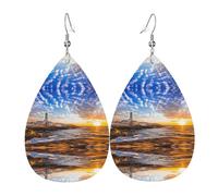 Boucles d'oreilles en cuir pour femme - Motif vague et coucher de soleil - En forme de goutte d'eau - Cadeau d'anniversaire et de Noël