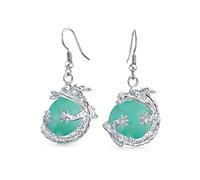 Boucles D'Oreilles En Forme De Boule Ronde En Pierre Précieuse Turquoise Bleue Compressée Avec Un Dragon Asiatique Chinois Enroulé Pour Femmes Et Adolescentes