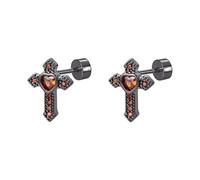Boucles d'oreilles en forme de croix gothique avec cœur en cristal rouge pour homme et femme - Clous en acier inoxydable hypoallergénique - Bijoux punk noirs pour cartilage, tragus, hélix, cadeau