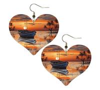 Boucles d'oreilles en forme de cœur en similicuir motif bateau sur la plage au coucher du soleil - Boucles d'oreilles pendantes légères en cuir pour femmes mariages, fêtes, cérémonies, banquets
