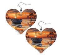 Boucles d'oreilles en forme de cœur en similicuir motif bateau sur la plage au coucher du soleil - Boucles d'oreilles pendantes légères en cuir pour femmes mariages, fêtes, cérémonies, banquets