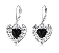 Boucles d'oreilles en forme de cœur onyx/péridot/rose/agate mousse/turquoise/lapis lazuli/boucles d'oreilles dormeuses en argent sterling filigrane onyx noir onyx bijoux cadeaux pour femme, Acier