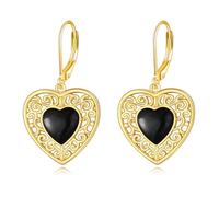 Boucles d'oreilles en forme de cœur onyx/péridot/rose/agate mousse/turquoise/lapis lazuli/boucles d'oreilles dormeuses en argent sterling filigrane onyx noir onyx bijoux cadeaux pour femme, Acier