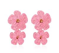 Boucles d'oreilles en forme de fleur en raphia - Légères - En paille tissée - Style bohème - Pour l'été et la plage - Cadeau pour femme, Métal, Métal.