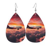 Boucles d'oreilles en forme de goutte d'eau en cuir imprimé avion, coucher de soleil, accessoire tendance pour fêtes de fin d'année
