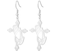 Boucles d'oreilles en forme de main de prière avec croix et sérénité catholique - Amulette chrétienne - Bijoux religieux - Cadeau pour femme, Moyen, Acier inoxydable, Pas de pierre précieuse