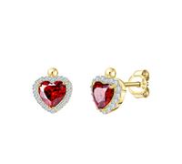 Boucles d'oreilles en or 375 jaune bicolore coeur avec zirconium blanc et rou...