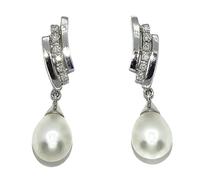 Boucles d'oreilles en or blanc 18 carats avec 0,18 cts de diamants et perle de culture de 8,5 mm., cm, 100 % or 18 carats, Diamant