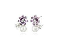 Boucles d'oreilles en or blanc 9 K/14 K/18 K avec perle, fleurs et papillons, Or blanc 18 carats (750), Perle de nacre Améthyste