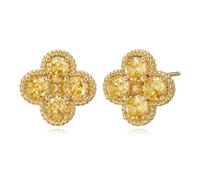 Boucles d'oreilles en or pour femmes - Tendances - 14 carats plaqués or - Petites boucles d'oreilles élégantes avec fleurs rouges en zircone et motif de trèfle - Pierres de naissance - Bijoux pour
