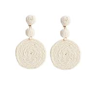 Boucles d'oreilles en Paille Faites à la Main pour Femmes Boho Raphia Ball Straw Wicker Braid Hoop Drop Dangle Boucles d'oreilles pour Filles, blanc crème