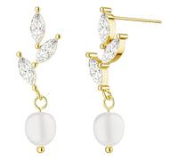 Boucles d'oreilles en perles artificielles en forme de feuille avec placage or 14 carats, détails en zircone, bijou idéal pour demoiselle d'honneur, livré dans un coffret cadeau
