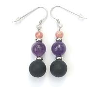 Boucles d'Oreilles en Pierres Véritables d'Améthyste et d'Onyx Noir mat et Pierres de couleurs. Argent 925 Rhodié ou Plaqué or 3 microns (RHODOCHROSITE, ARGENT RHODIE)