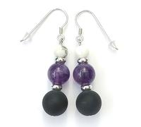 Boucles d'Oreilles en Pierres Véritables d'Améthyste et d'Onyx Noir mat et Pierres de couleurs. Montage en Argent 925 Rhodié ou Plaqué or 3 microns (HOWLITE, ARGENT RHODIE)