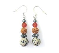 Boucles d'Oreilles en Pierres Véritables et Graine Naturelle de Rudraksha, Montage en Argent 925. (RUDRAKSHA/HEMATITE/JASPE DALMATIEN/CORNALINE)
