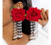 Boucles d'oreilles en Tissu Frais européen et américain, Grandes Fleurs colorées, Perles de Riz sucrées, Longues Boucles d'oreilles à Pampilles et Feuilles, Boucles d'oreilles femme-27531-3-rouge