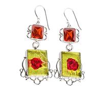Boucles d'oreilles en verre dichroïque et quartz orange 19 x 15 mm 10 x 8 mm - Pendantes en argent sterling - Bijoux artisanaux colorés en pierres précieuses - Boucles d'oreilles uniques faites à la