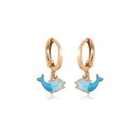 Boucles d'Oreilles Enfant Créoles Dauphin Suspendu émail Turquoise Plaqué Or Jaune 750/1000 3 Microns