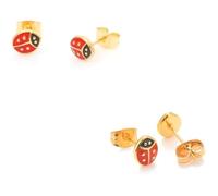 Boucles d'Oreilles - Enfant - Puces - Coccinelle - Émail - Rouge - Plaqué Or Jaune 750/1000 - 8 x 5 mm
