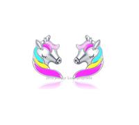 Boucles d'Oreilles - Enfant - Puces - Licorne - émail - Multicolore - Argent Fin 925/1000 - 15 x 12 mm