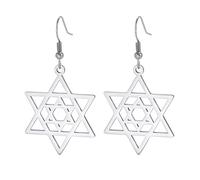 Boucles d'oreilles étoile de David pour femme Acier inoxydable Hexagramme Inscription Hébraïque Diamant Bleu Boucles d'oreilles pendantes rondes étoile Megan Bijoux juifs, taille unique, Acier