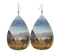 Boucles d'oreilles Farm With Deer en cuir pour femme - En forme de goutte d'eau - Légères - À porter au quotidien - Pour fête, rendez-vous, taille unique, Cuir