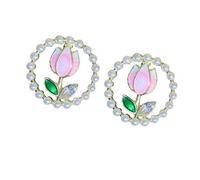 Boucles d'oreilles féminines en forme de fleur - Accessoire portable pour femme - Orné de cristaux et de perles d'imitation - Finition dorée