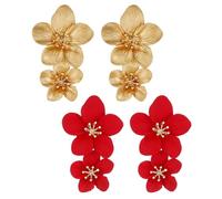 Boucles d'Oreilles Femme 2 Paires Or, Petals et Fleurs, Pompons, Gouttes Exagérées