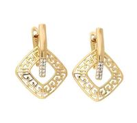 Boucles d'Oreilles - Femme - Dormeuses - Losange - Grec - Cristal - Blanc - Plaqué Or Jaune 750/1000 - 3 Microns - 30 x 20 mm
