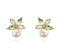 Boucles d'Oreilles Femme Élégantes Cristal Fleur Perles Imitation Cz Vert Argent 925 Sterling Studs Délicats Pour Mariage Anniversaire Cadeau Été Perçage Du Cartilage Bijoux Meilleur Conjoint (Doré)