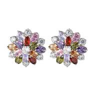 Boucles d'Oreilles Femme en Cristal Multicolore, Boucle d Oreille Clip Forme de Fleur Plaqué Or Blanc Boucle d Oreille